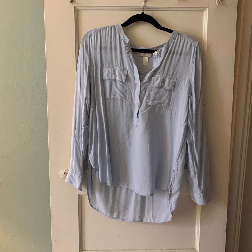 light blue collarless long sleeve half button top